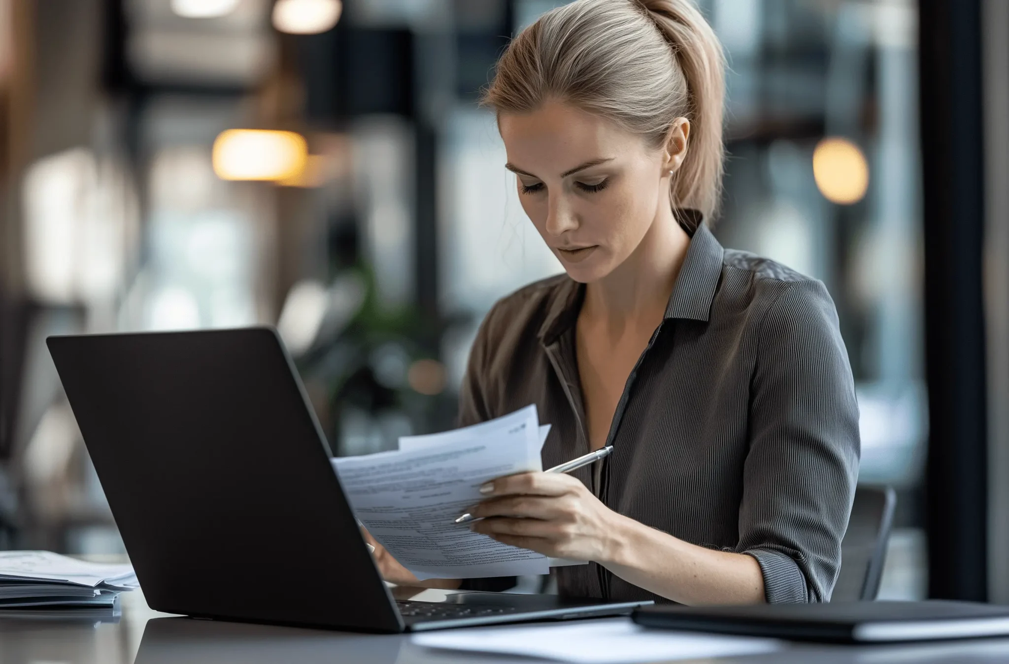 Specjalistka ds. kadr i płac z Kancelarii Biegłych Rewidentów CDP pracująca przy dokumentach na laptopie, symbolizująca profesjonalizm i precyzję w zarządzaniu sprawami pracowniczymi oraz obsługą kadrowo-płacową dla klientów w całej Polsce.